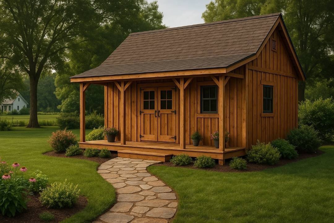 Classic Appalachian Shed with Front Porch and Cedar Siding Handcrafted Appalachian-inspired shed with cedar siding, front porch, and flagstone walkway surrounded by landscaped garden and trees.