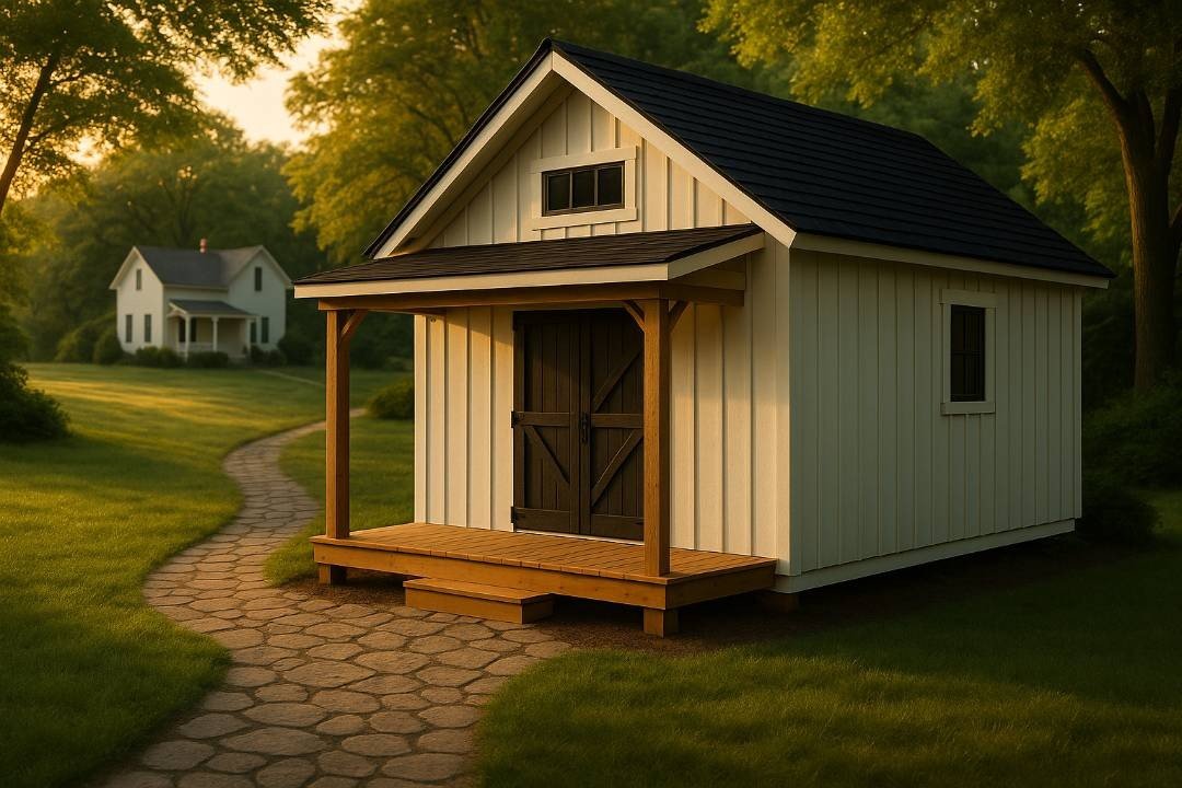 Slade Mountain Shed with White Board & Batten Siding Appalachian-inspired Slade Mountain shed with white board and batten siding, front porch, and dark barn doors along a stone walkway.